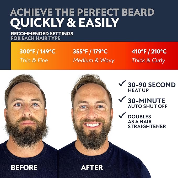 Arkam Beard Straightener for Men - Original Heated Beard Brush Kit w/Anti-Scald Feature, Dual Action Hair Comb and Travel Bag for Short to Medium Beards -Costume Accessories and Grooming Gifts for Men
