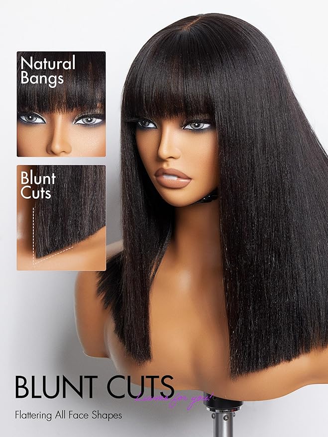 LUVME HAIR 14 Inch Light Yaki Straight Bob Wig with Bangs Human Hair Realistic HD Lace Short Black Bob Wigs, Ready to Go Blunt Cut Bob Wig Glueless 180 Density