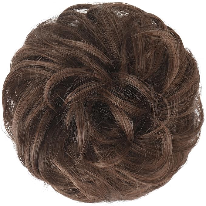 FESHFEN Messy Bun Hair Piece - Large Elastic Wavy Curly Hair Bun Scrunchies Ponytail Extensions Synthetic Chignon Hairpieces for Women, Brunette Brown 1.94oz