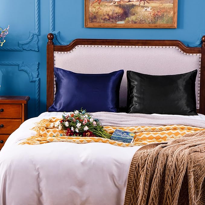 NTBAY 2 Pack Satin King Pillowcases for Hair and Skin, Luxurious and Silky Pillow Cases with Envelope Closure, 20x40 Inches, Navy Blue