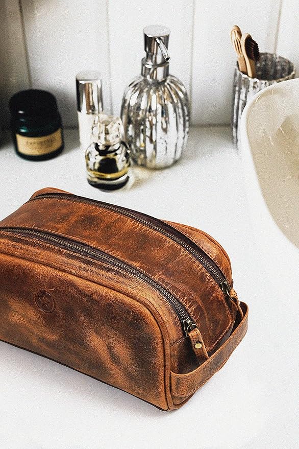 10" Premium Leather Toiletry Travel Pouch With Waterproof Lining Black Color | King-Size Handcrafted Vintage Shaving Kit By Aaron Leather Goods