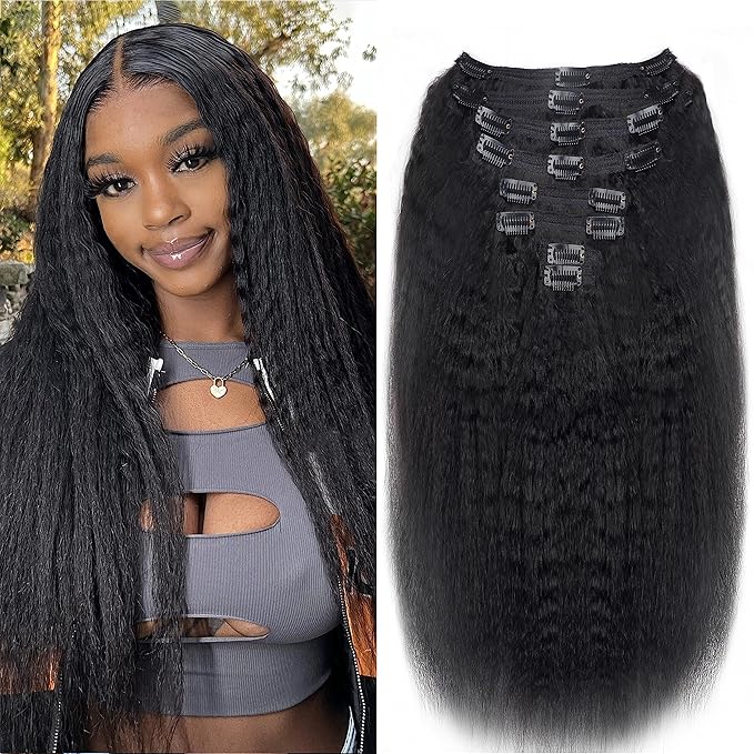 Clip in Hair Extensions Real Human Hair Natural Black Kinky Clip ins Seamless Kinky Straight Clip on Hair Extensions for Women 8pcs with 18 Clips 120g(26inch)